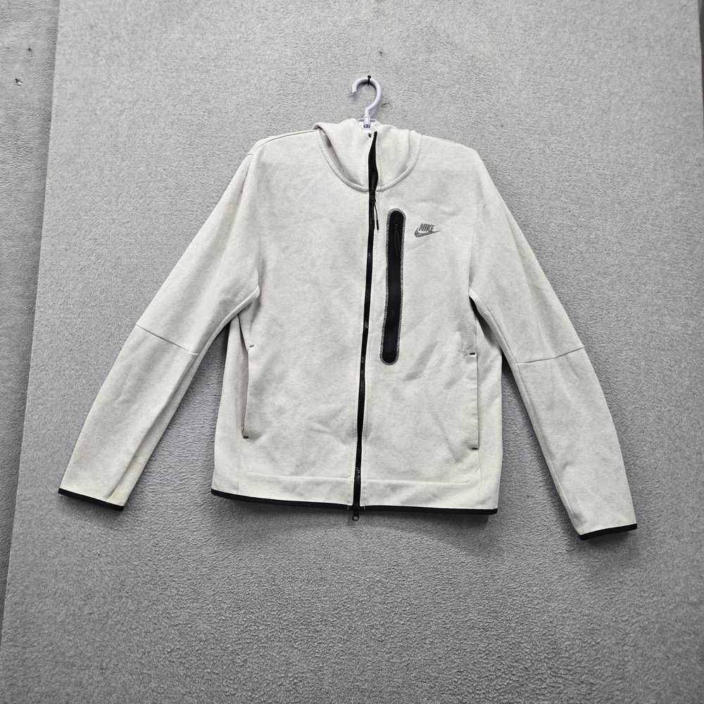 Nike Men Hoodie M Gray Tech Fleece Activewear Swoosh Spellout Logo Full Zip